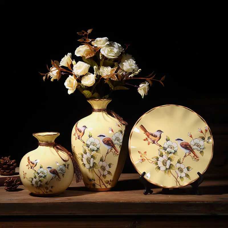 3Pcs/Set Ceramic Vase Dried Flowers Arrangement Wobble Plate Living Room Entrance Ornaments Home Decorations C251124