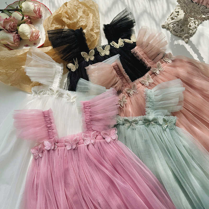 Double Layered Butterfly Sweet Beauty Childrens Mesh Dress 2025 Summer Style Flying Sleeve Strapless Princess Dress Fluffy Skirt Formal Dress Y250423u