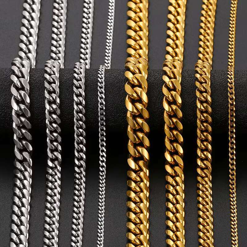 Non Tarnish Free Waterproof Gold Plated Filled Stainless Steel Cuban Chain Mens Hip Hop Jewelry Cuban Link Chain Necklace