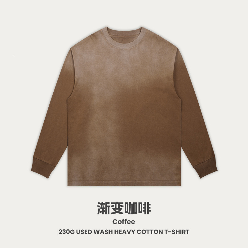 Men's Threaded Long Sleeved Pure Cotton Men's T-Shirt Trend Gradient Color Loose Autumn Round Neck Top Base Shirt luanyun