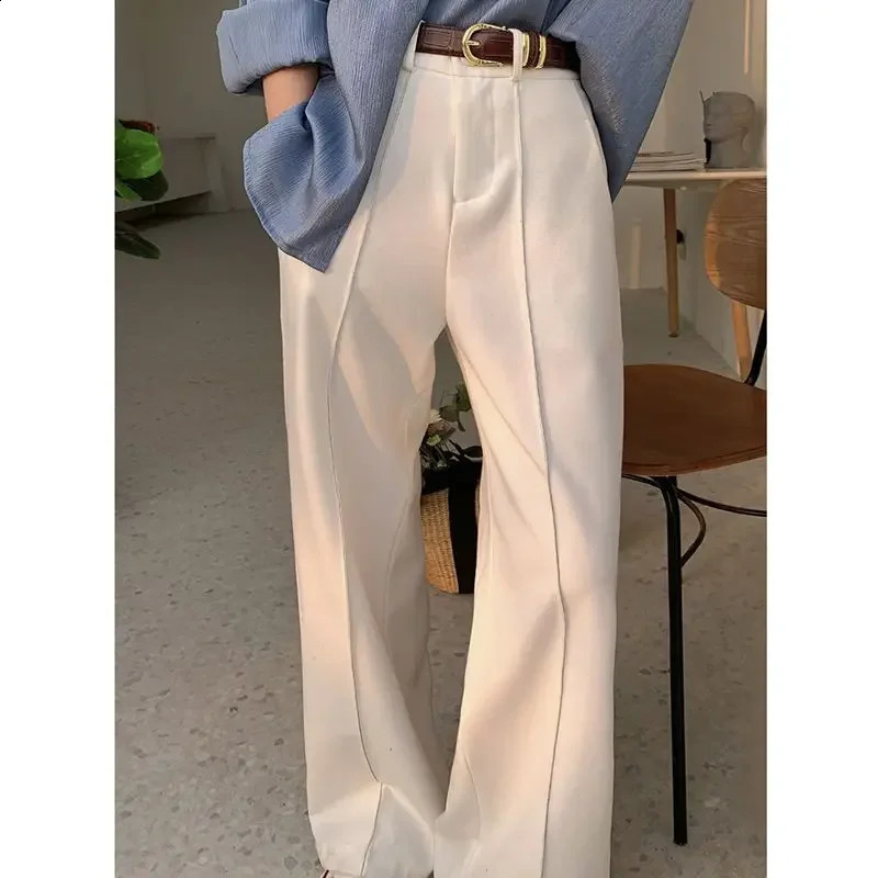 White Ladies Pants Solid Loose High Waist Wide Leg Pants Fashion Casual Womens Pants Suit Button Straight Pants 250421
