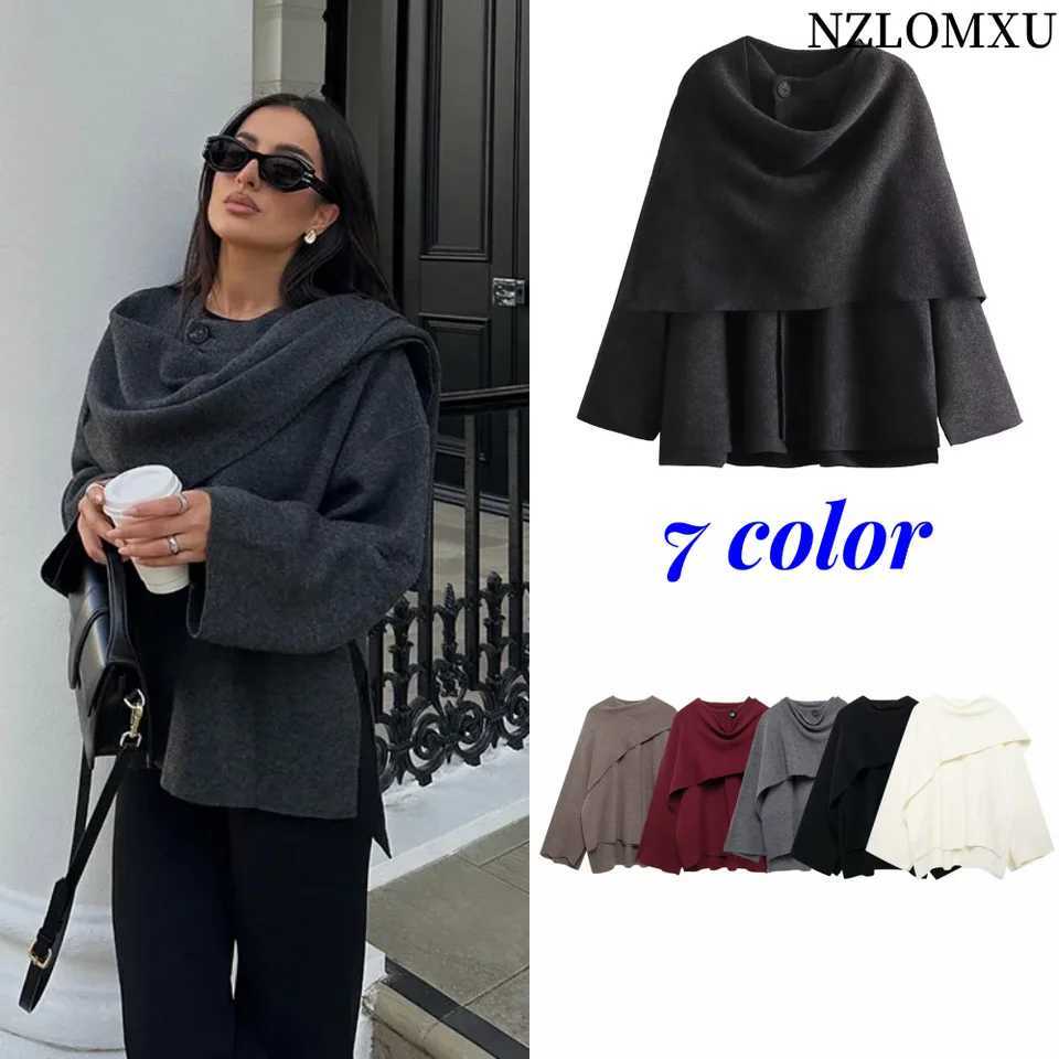Women Fashion Scarf Decorated Woolen Jacket Casual Solid Long Sleeve Loose Warm Overcoat 2025 Autumn Winter New Lady Chic Coat J251124