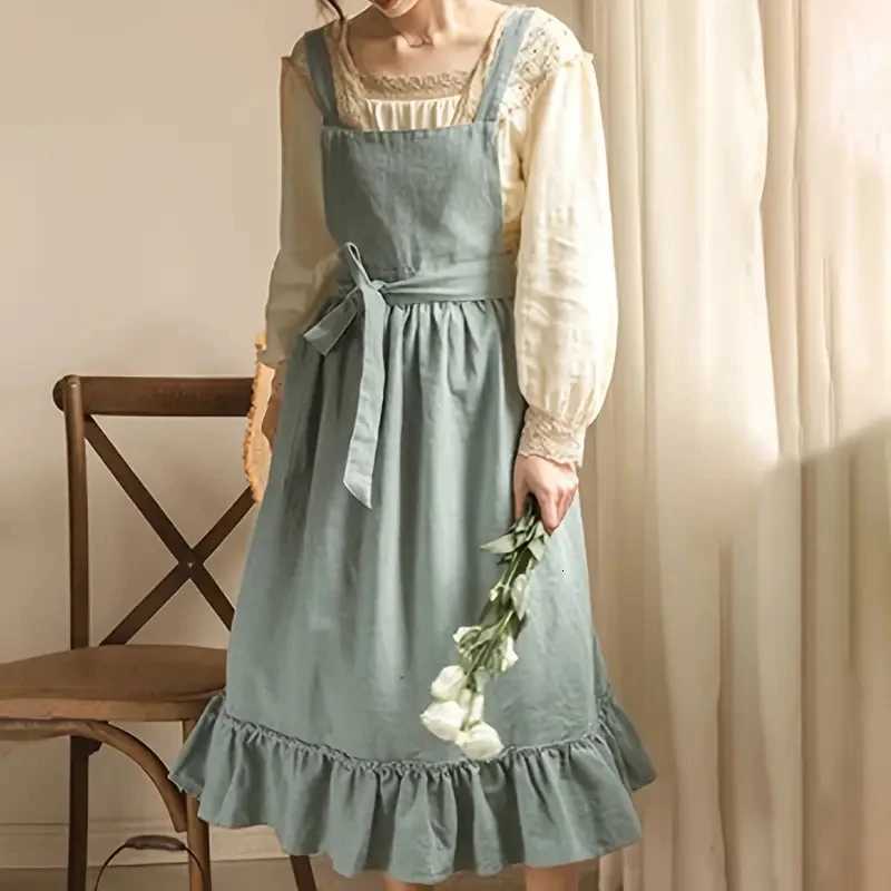 1pc Vintage European Apron Artistic Florist Design Ruffled Hem Kitchen Baking Apron Solid Color with Nordic Style for Wedding C251124