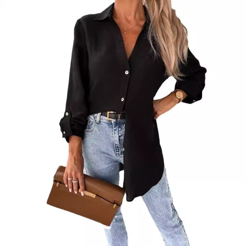 2022 Autumn simple solid color rolled sleeve V-neck button lapel shirt women