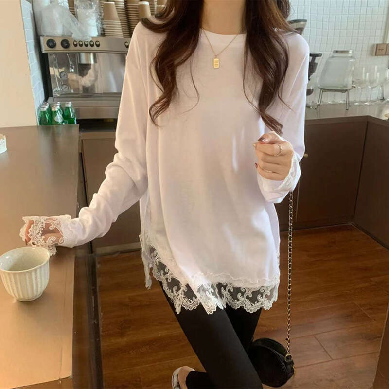 2025 Spring Women's New Lace Splicing Round Neck Bottom Shirt American Long Sleeve White Cotton T-Shirt For Women