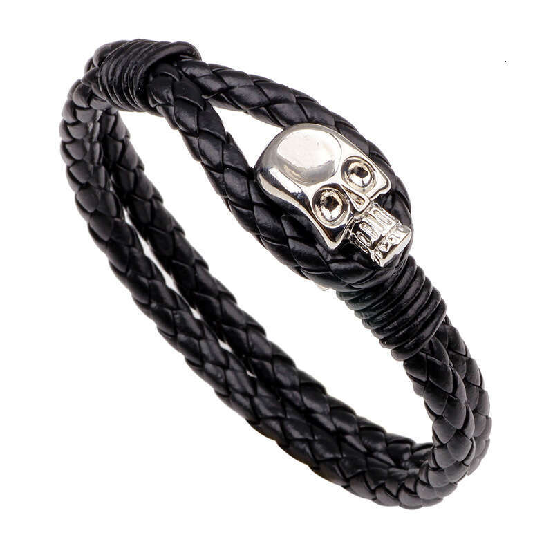 Temu hot selling personalized leather woven wristband skull head men's alloy buckle genuine cowhide bracelet trend