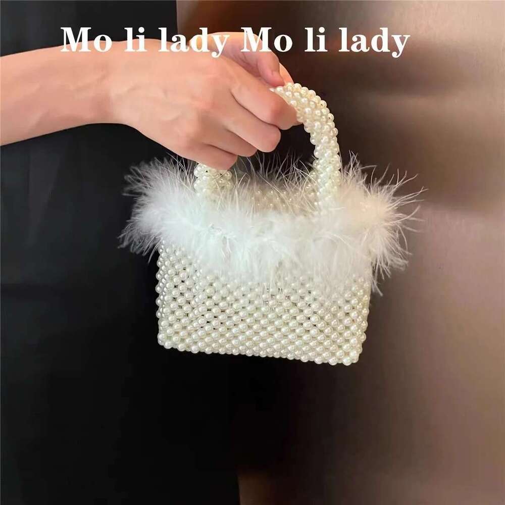 Designer Bag 2025 High Quality Pearl Beading Woven Handmade Women Handbag Ostrich Hair Evening Wedding Party Clutch Purse Shoulder Bag Luxury Bag