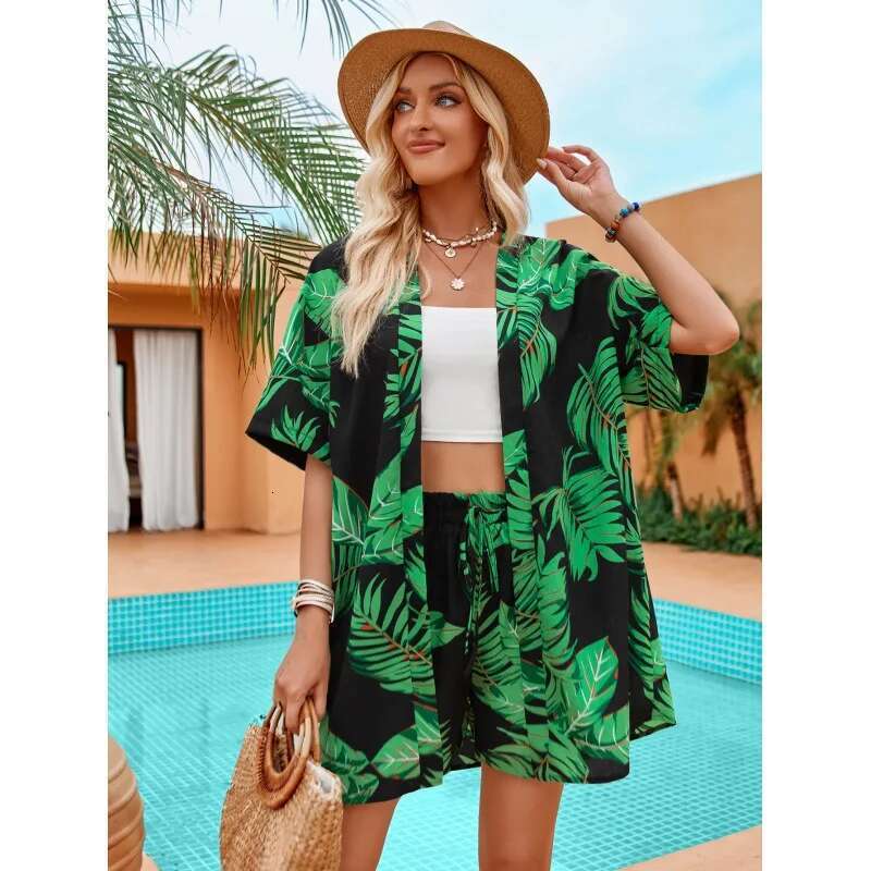 Summer New Women's Fashion Printed Casual Vacation Style Cardigan And Shorts Set