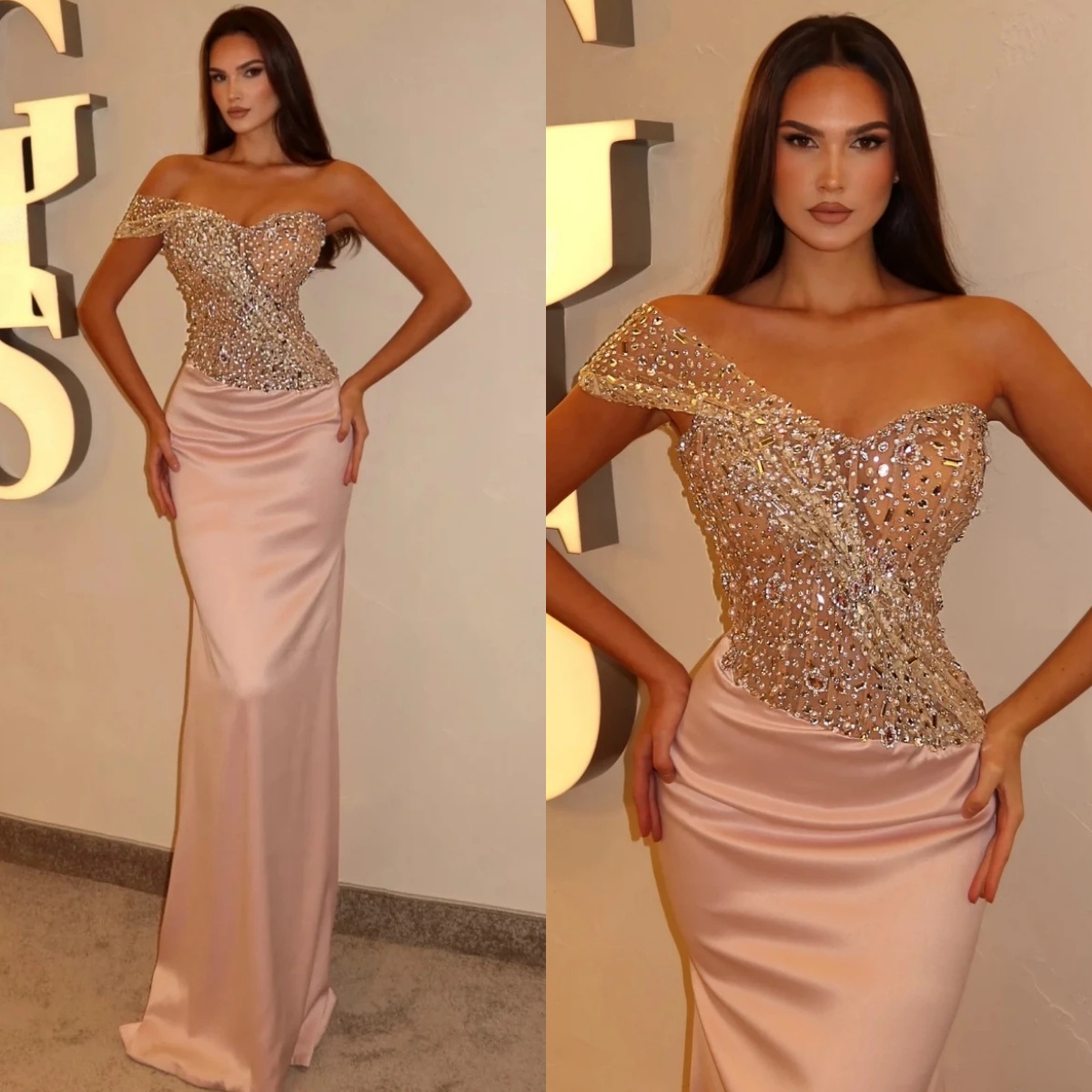 Modern Evening Dresses Crystal One Shoulder Prom Gowns Pearls Illusion Sleeveless Rhinestone Customized Formal Occasion Party Dress Vestidos de noche