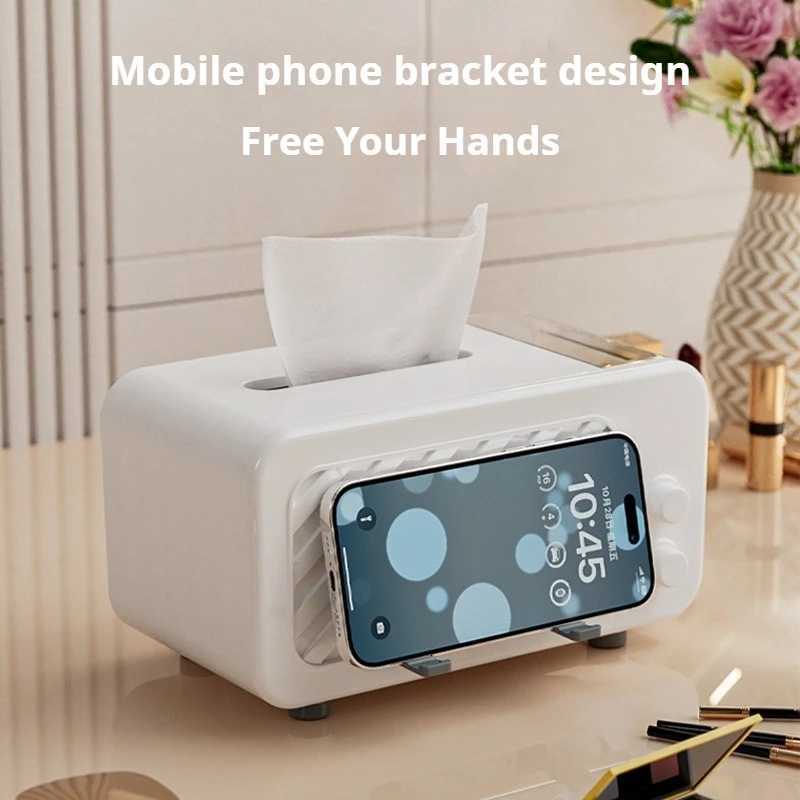 Multifunctional Tissue Box with Phone Holder Side Storage Side drawer for toothpicks/wires Smooth Pull for Home OfficeM251124