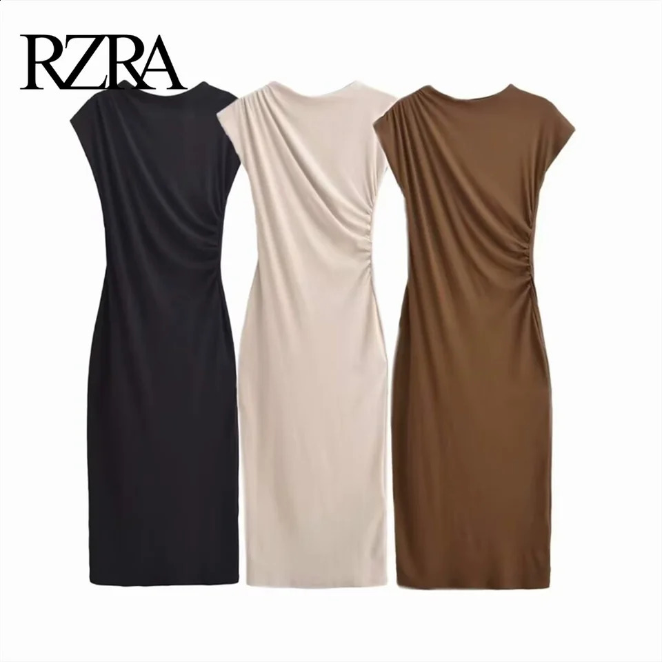 2025 RZRA Spring Womens Casual Folding Decoration Short Sleeve Round Neck Charm Midi Long Dress 250417