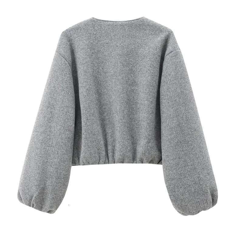 Designer Clothes TRAF Outerwears Cropped Bomber Jacket Women Autumn Long Sleeve Faux Wool For Woman Winter Zip Up Gray Beige Short Coats