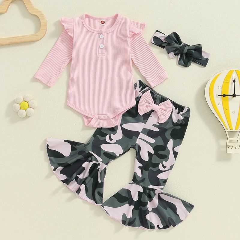 Clothing Sets 2024-05-27 Lioraitiin Baby Girl 3 Piece Fall Outfit Long Sleeve Ribbed Solid Color Romper Camouflage Flared Pants Headband R250424