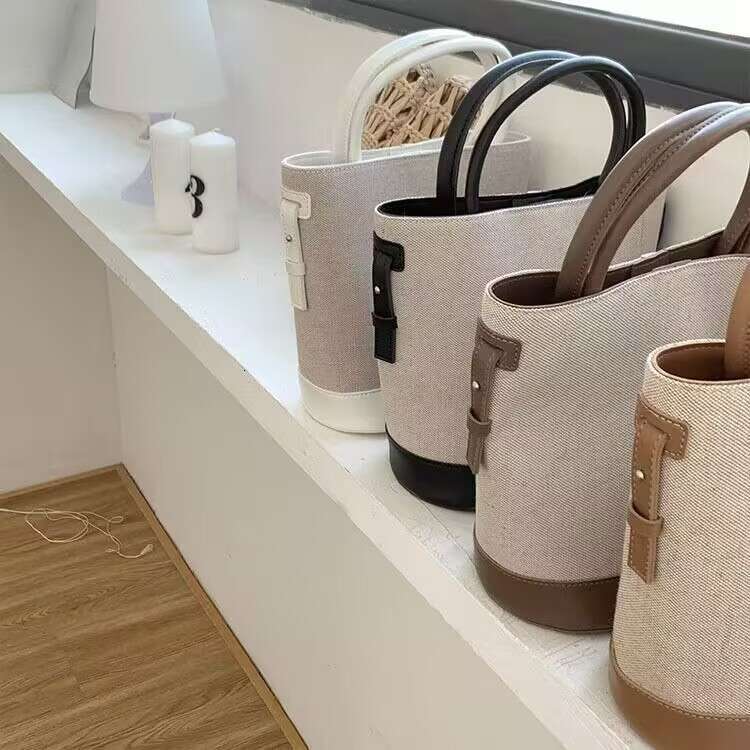 Light Luxury Korean Edition New Product Splicing Hemp Water Bucket Versatile Color Contrasting Simple Single Cross Shoulder Women S Bag Handbag