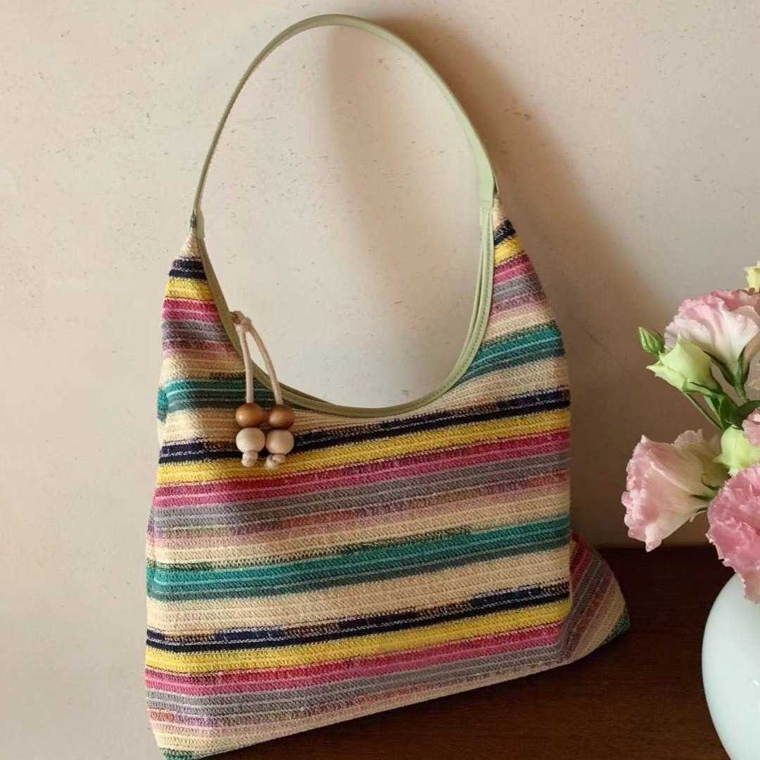 Rainbow Patterned Tote Bag for Women New Beach Woven Large Capacity Shoulder Bag Lazy Beach Bag Trend