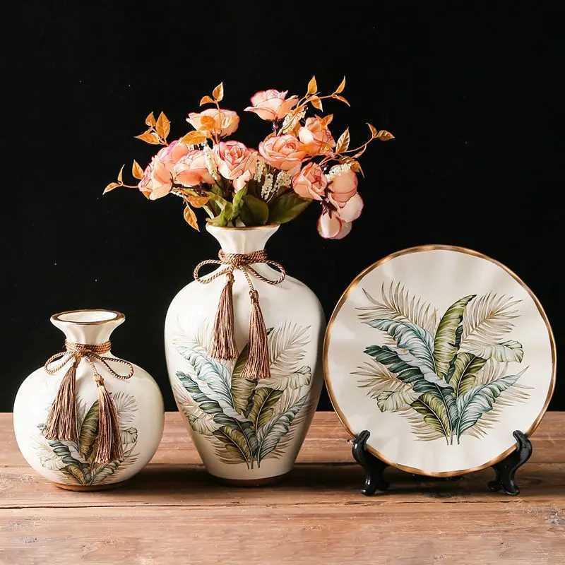 3Pcs/Set Ceramic Vase Dried Flowers Arrangement Wobble Plate Living Room Entrance Ornaments Home Decorations C251124