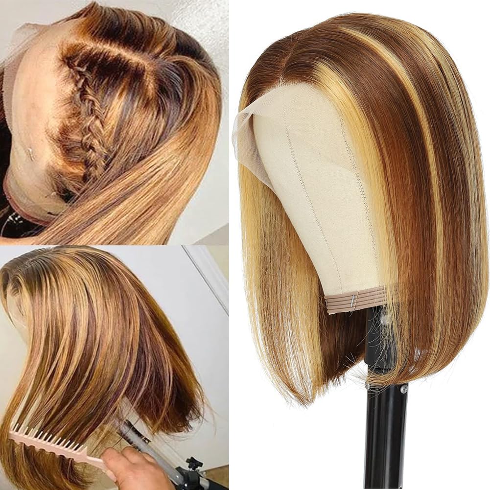 13x4 Bob Wig Highlight Blonde Lace Front Brazilian Human Hair For Black Women Pre Plucked Short Wigs Natural Straight Hair HD Frontal Closure Wig Shor