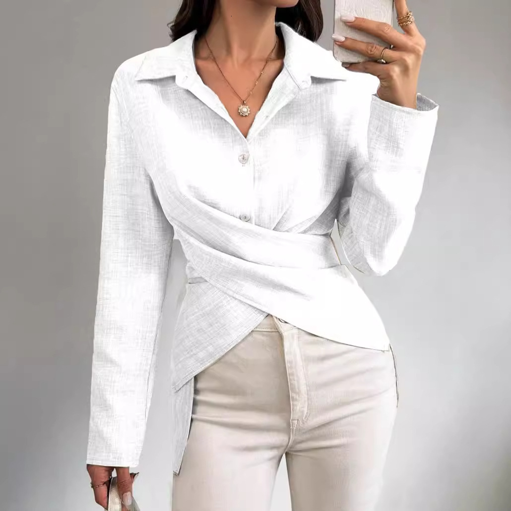 2024 Autumn Simple Fashion Versatile Waist Collection Solid Color Shirt Womens Wear