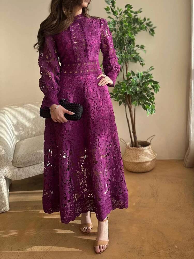 VGH Vintage Solid Loose Dress For Women Stand Collar Long Sleeve High Waist Cut Out Lace Panel Dresses Female Spring Fashion New