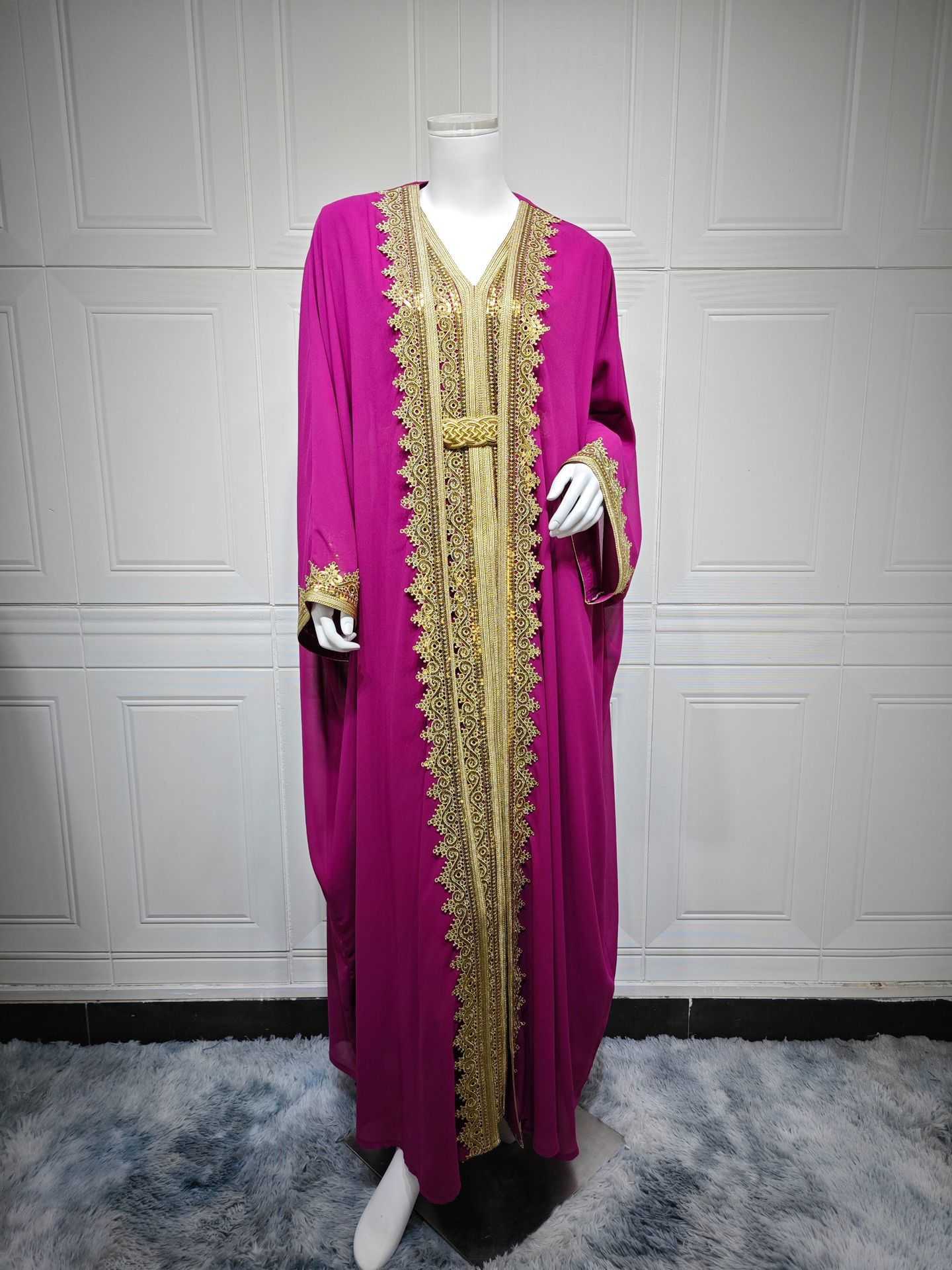 Lace trim woven belt splicing long robe two-piece set with waist belt chiffon dress L251124