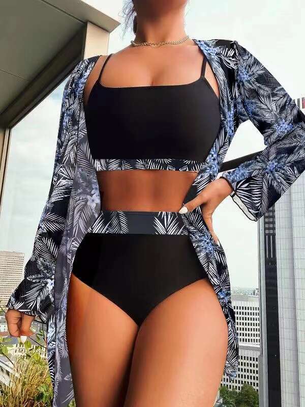 Triangl Bikini 2025 New Ethnic Maple Leaf Conservative Printed Long Sleeve Splicing Style Three Piece Swimming Set New Product New Arrival
