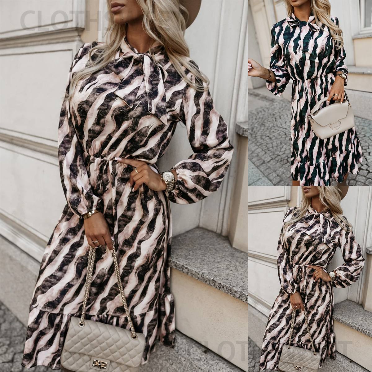 2024 New Autumn Sweet Bow Waist Zebra Pattern Long Sleeve Dress for Women