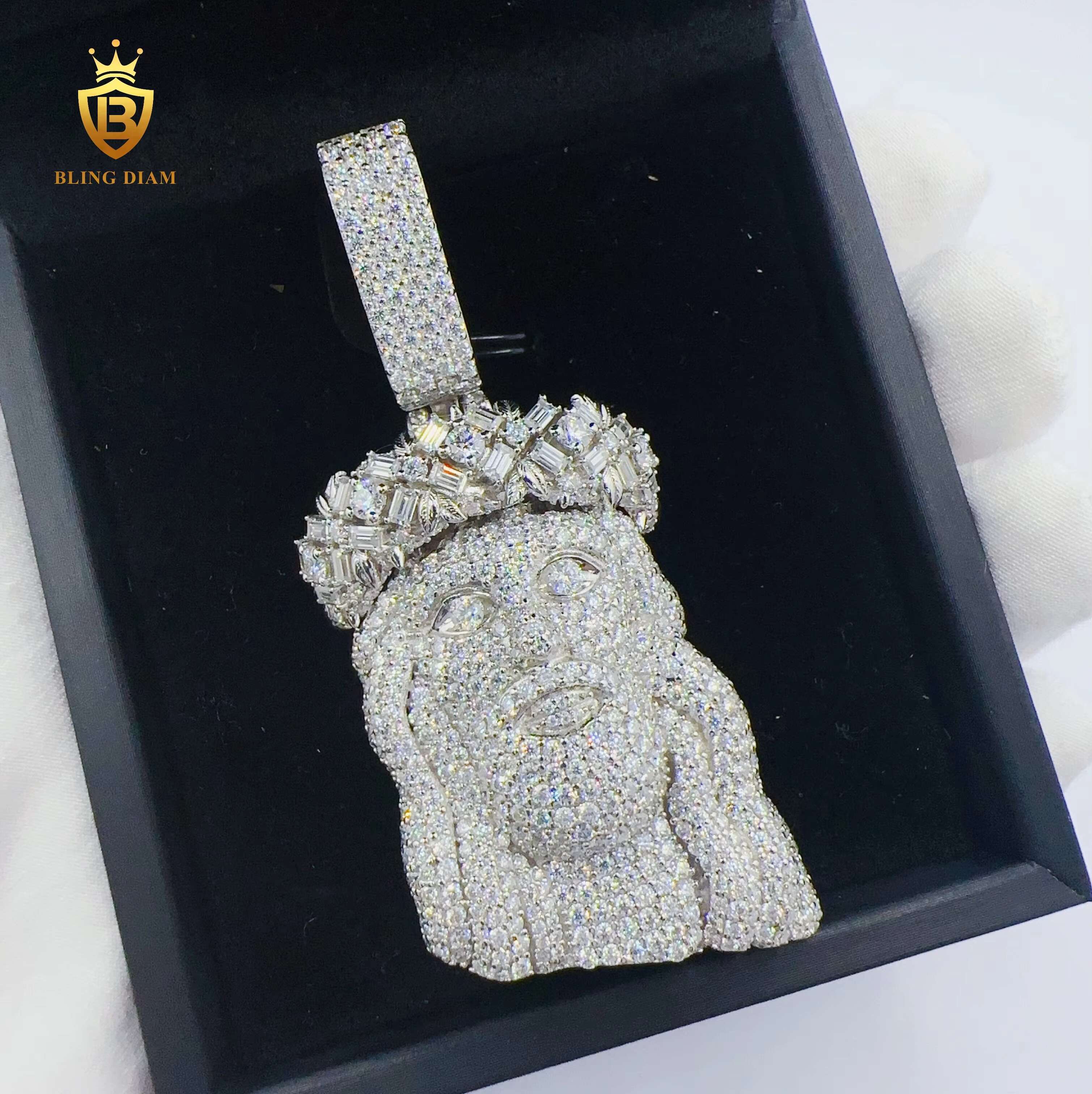 Custom White Gold 925 Sterling Silver Vvs Moissanite Hip Hop Jesus Head Pendant for Men