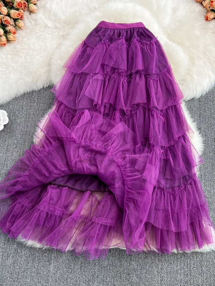 Tutu Tulle Long Skirts Women Spring Korea Solid A-line High Waist Mesh Strap Maxi Skirt Women Faldas Aesthetics M250424