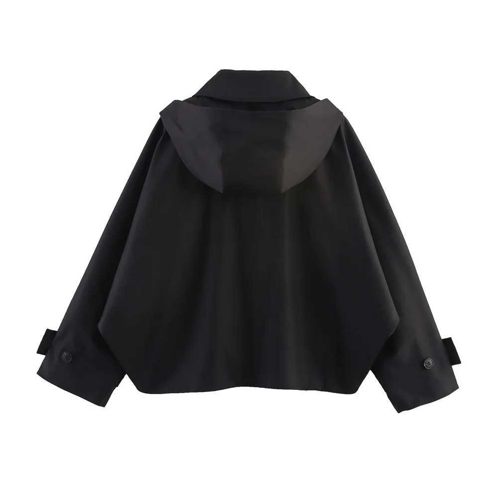 Autumn new European and American style hooded long sleeved lapel jacket single breasted trench coat short jacket J251124