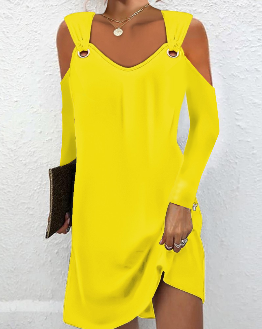 2023 Autumn Simple Solid Color Metal Button V-neck Button Dress for Women