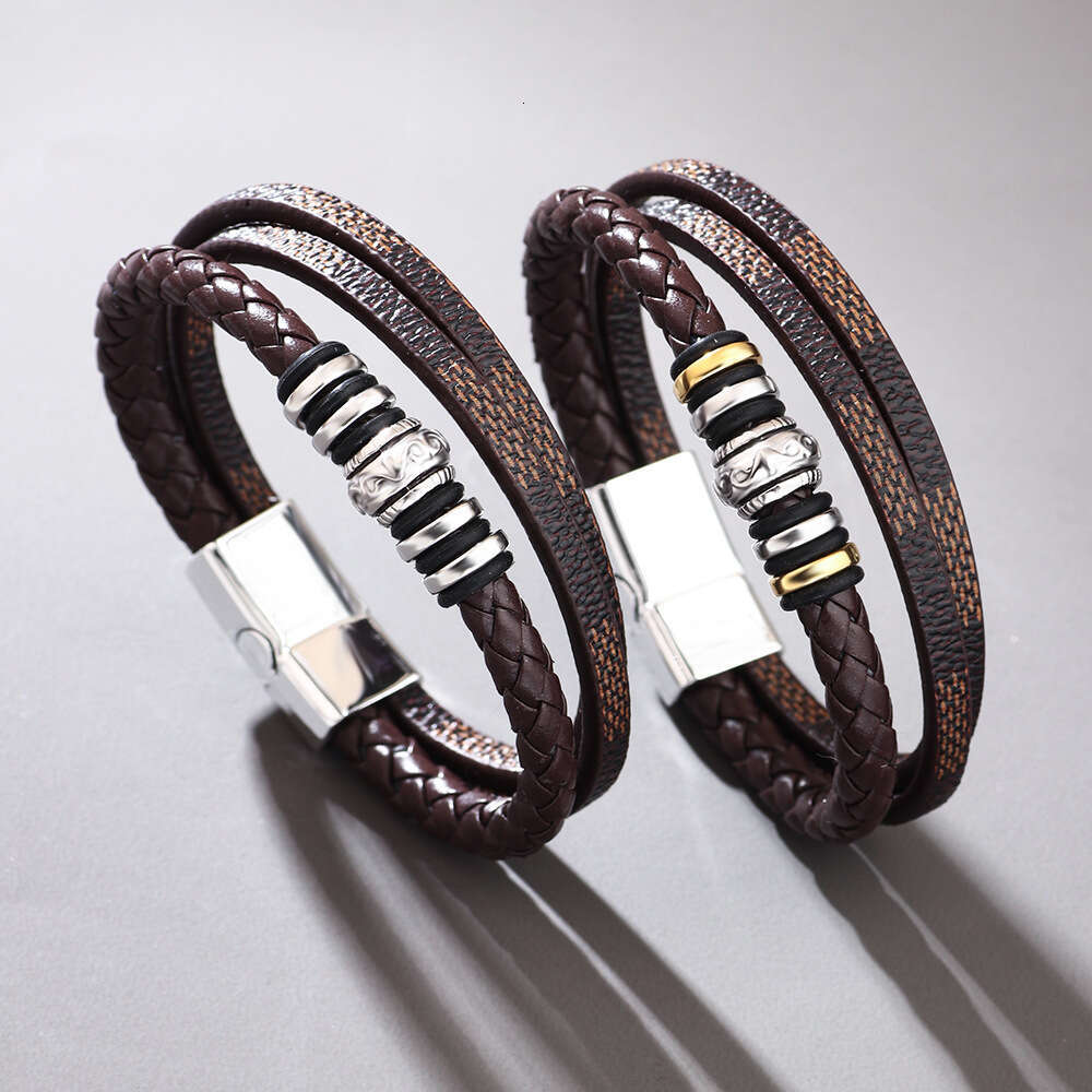 Leather laser metal ring magnetic buckle multi-layer woven PU leather bracelet sample