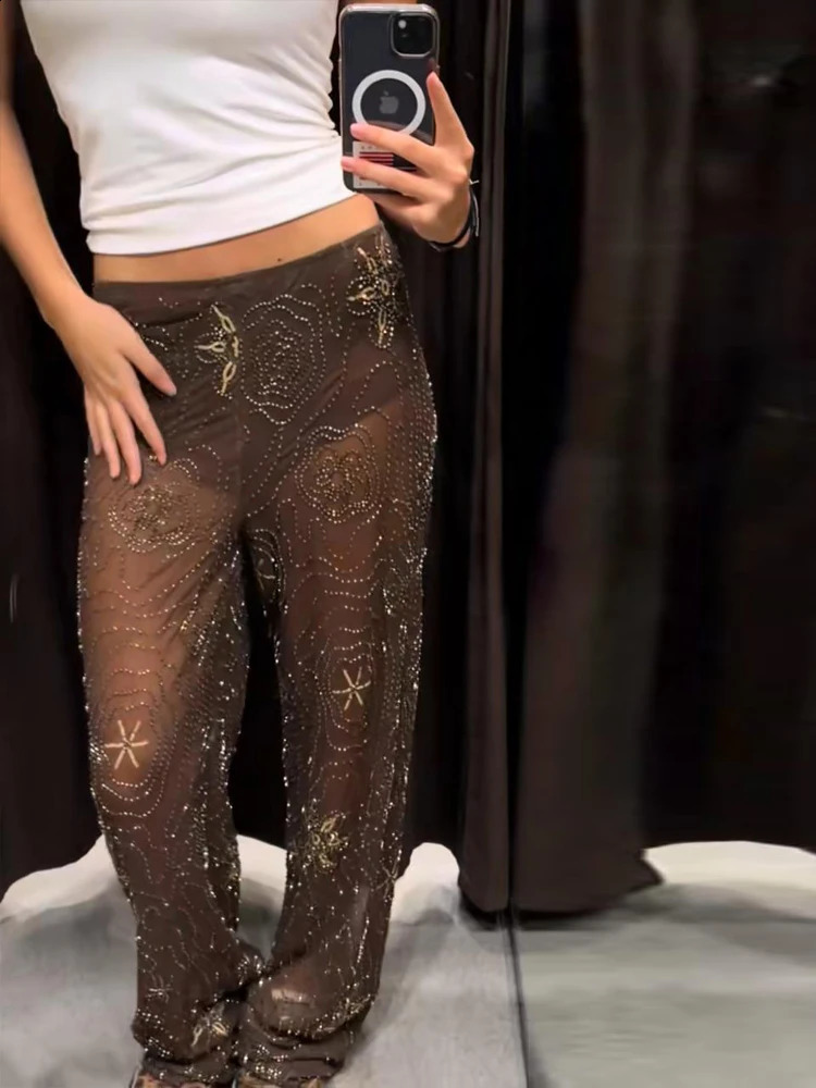 Street Beading See Through Pants Womens Brown Shining Loose Wide Leg Straight Elastic Waist Trouser Summer Party Coat 250420