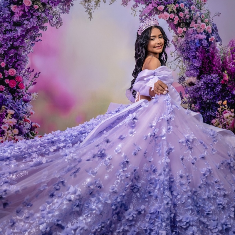 Lilac Princess Quinceanera Dresses Off Shoulder Applique Flower Beads Tull Sweet 16 Dress Ball Gown Vestidos 15 De Anos