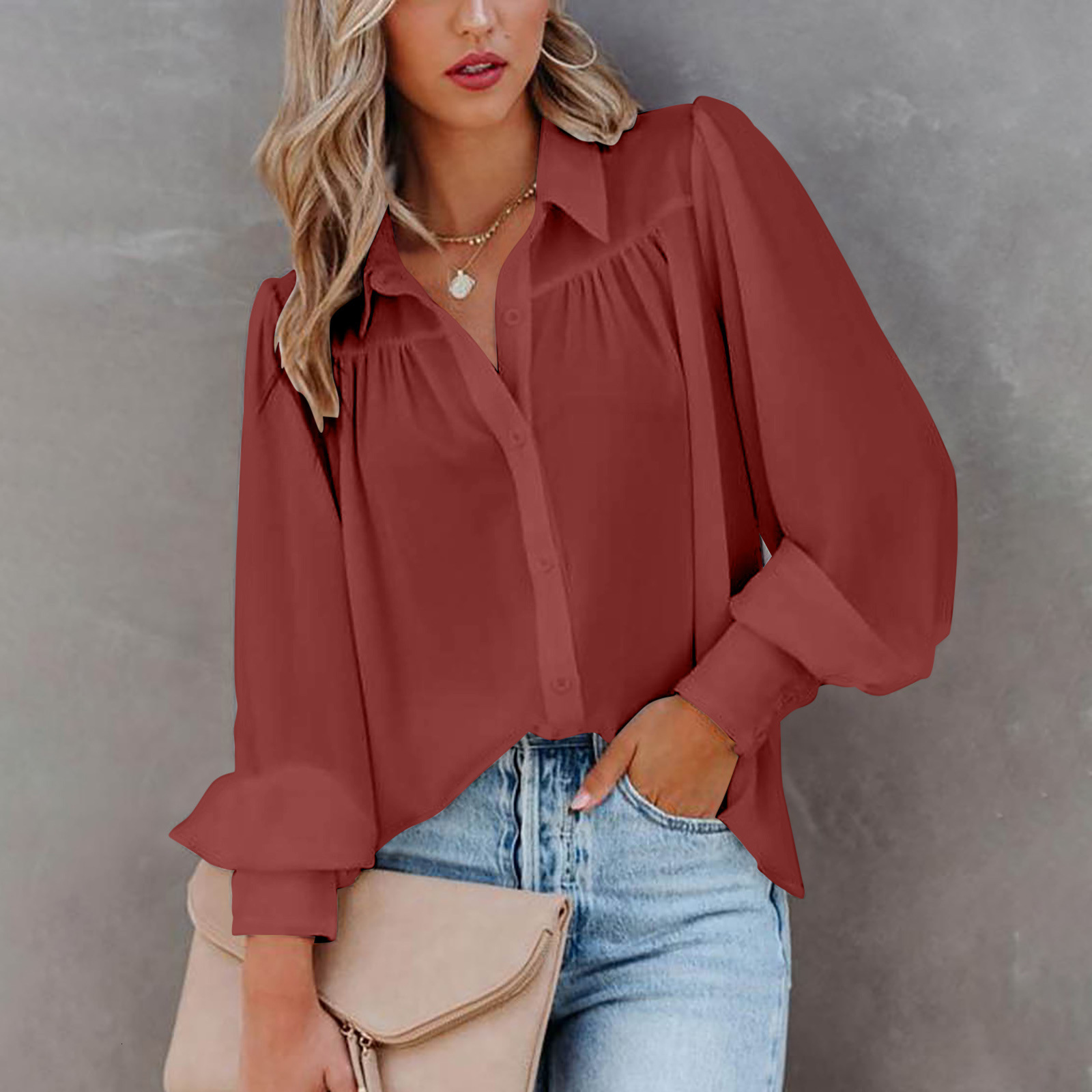 2022 Yama long sleeve button up top Lantern Sleeve pleated solid color stand collar loose shirt womens wear