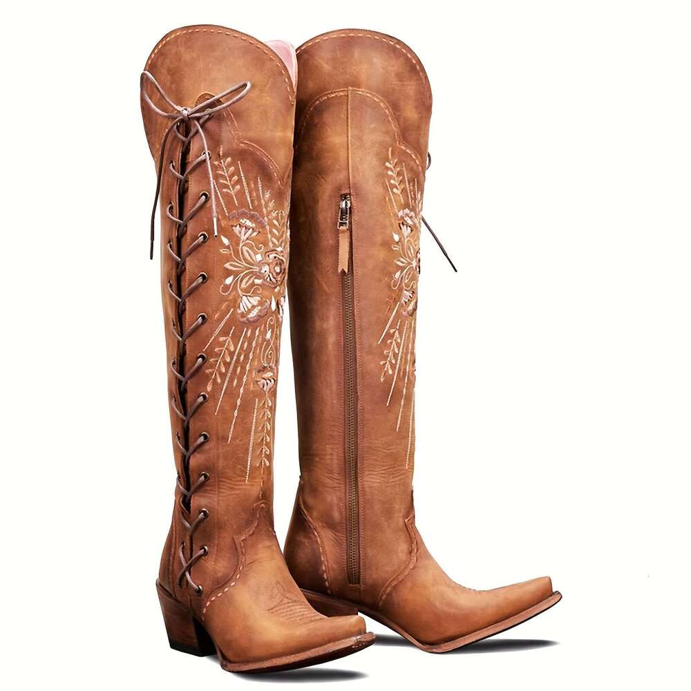 Women's Western Cowgirl Wide Calf Embroidered Pointed Toe Over-The-Knee Mid-Heel Lace-Up & Side Zipper Faux Cover Boots For Dresses Jeans All-Sea