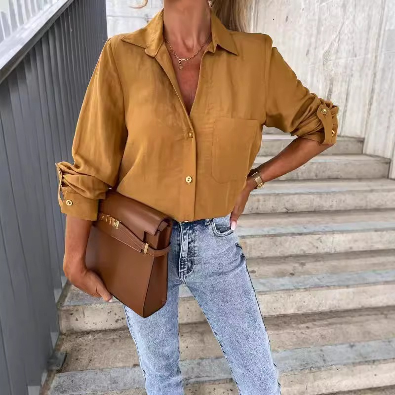 2022 Autumn simple solid color rolled sleeve V-neck button lapel shirt women