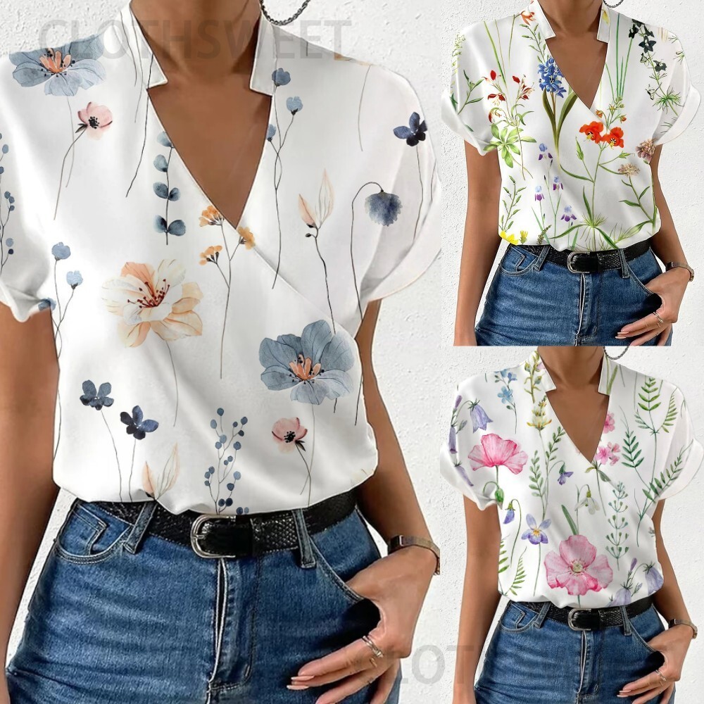 2023 Summer Loose V-neck Stand up Printed Shirt Womens Shirt