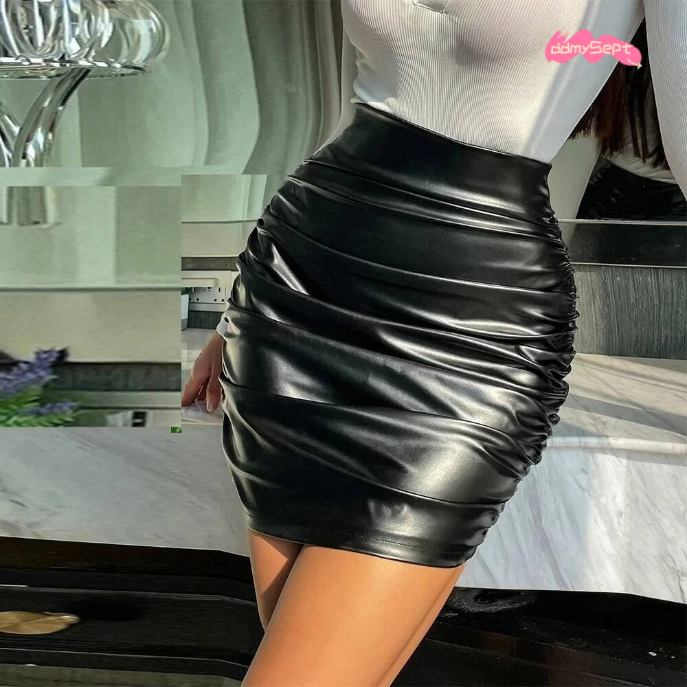 Sexy Pu Leather Mini Dress Clothing Fashionable Folded Pleated Bodycon Skirt Tight Butt Hing Women's Wear ddmysept