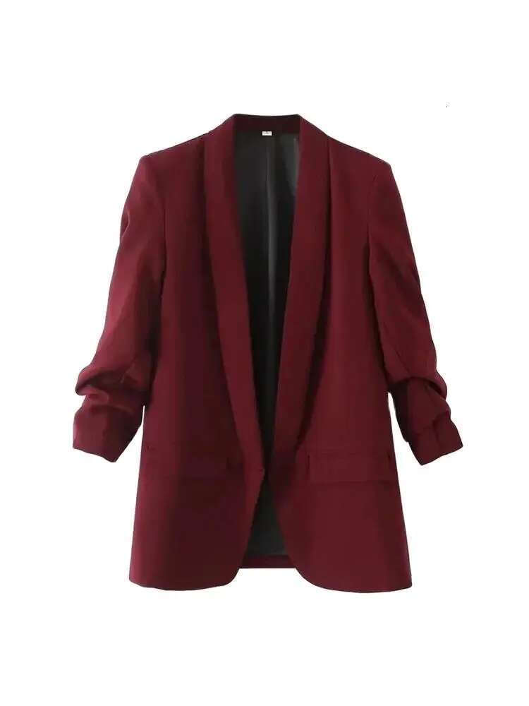 TRZA Women Fashion Office Wear Open Blazer Coat Vintage Long Pleated Sleeves Flap Pockets Female Outerwear Chic Tops