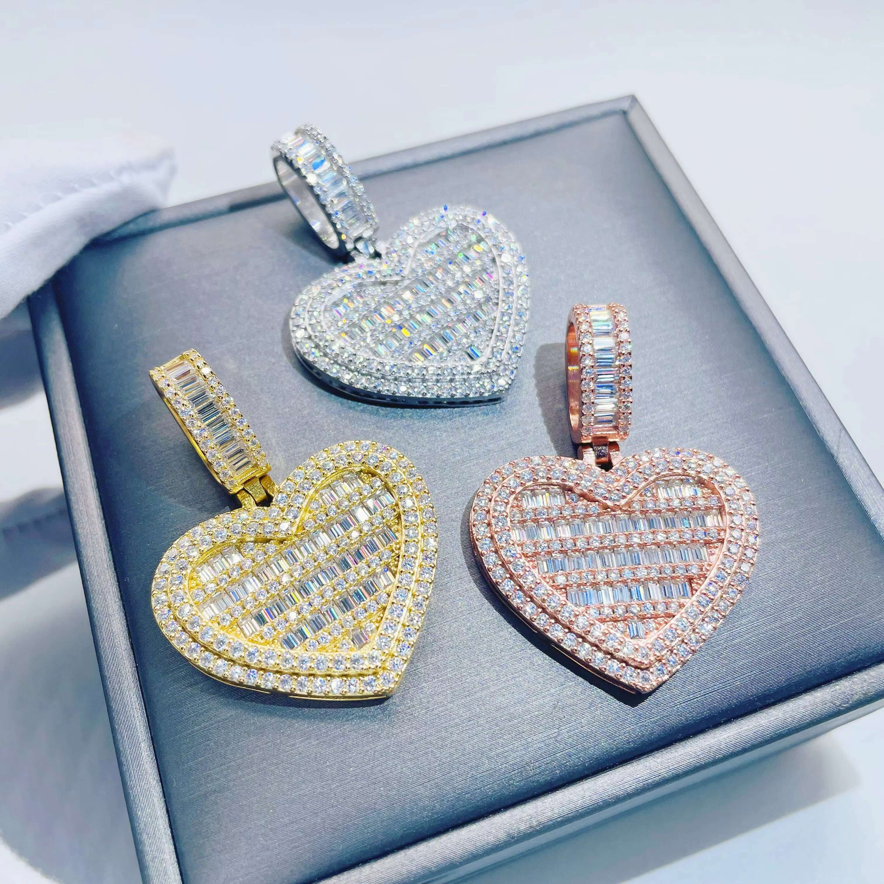 Men Women Necklace Moissanite Jewelry Hip Hop Heart Shape Pendant Baguette Vvs Diamond Custom 925 Sterling Silver Pendant