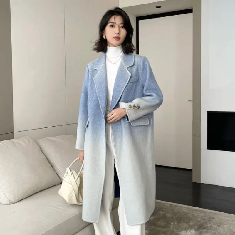 High Quality Women Gradient Color woolen cloth Coat Female Temperament Long Below The Knee Outwear Casual Fashion Outcoat 251121
