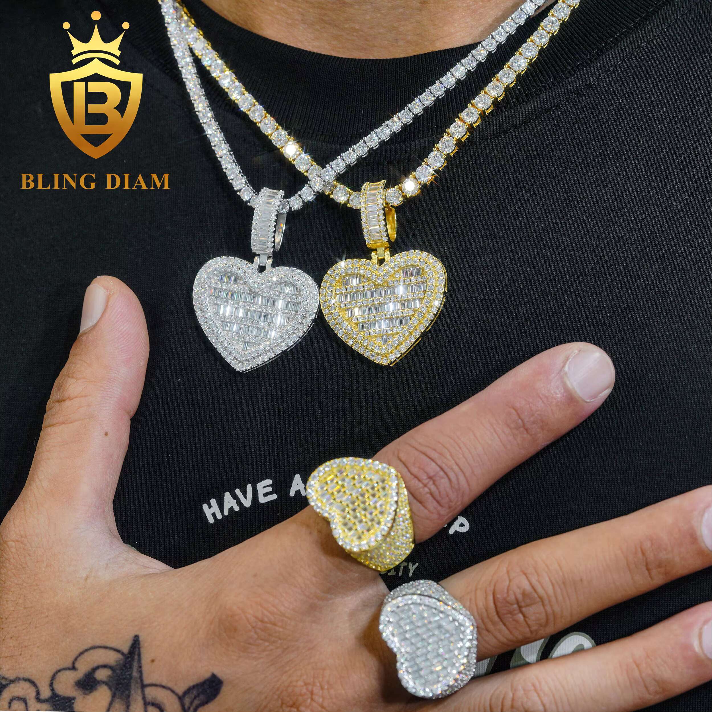 Moissanite Hip Hop Jewelry Luxury Heart Shape Pendant Earrings Cuban Ring Set Moissanite Custom Pendant 925 Silver Iced Out Gift