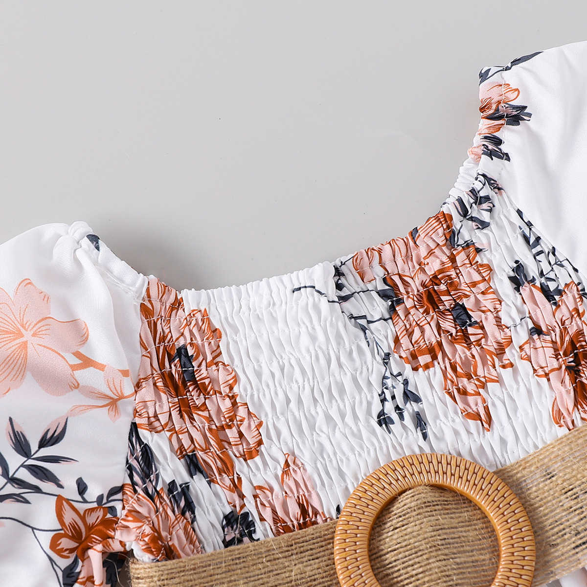 Summer Girls Vacation Style Floral Dress with Pleated Sleeves and Waist Belt Two-piece Fashionable Princess Dress Y250423i2lw