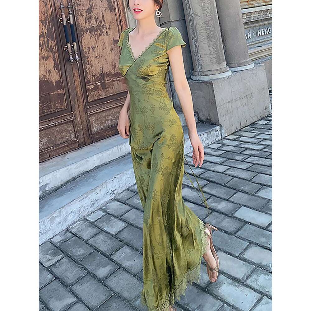 Designer Clothes New In Women's Long Dress Turquoise Green V-Neck Backless Satin Jacquard Waist Slim Chic And Elegant Sexy Female Dresses