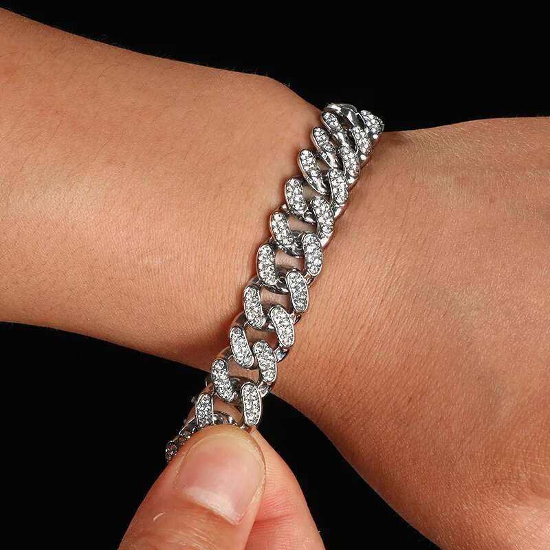Hip Hop Shiny 12MM Cuban Link Chain Necklace Women Men Silver Color Rhinestone Iced Out Cuban Chain Punk Jewelry Necklace Gift