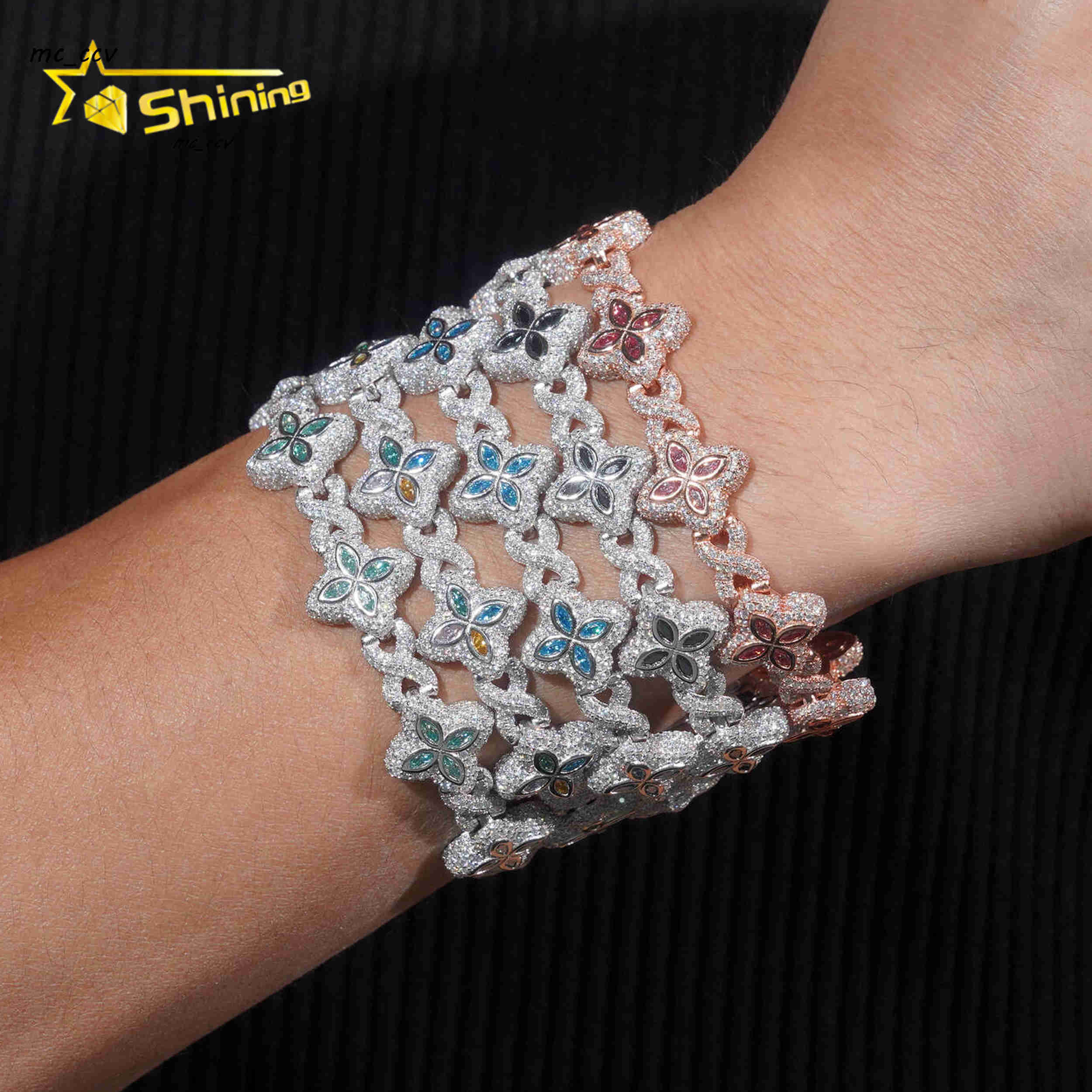 New Design Iced Out Colors Moissanite Cuban Link Chain Sterling Silver 925 Moissanite 15mm Bracelets Hip Hop Mens Jewelry