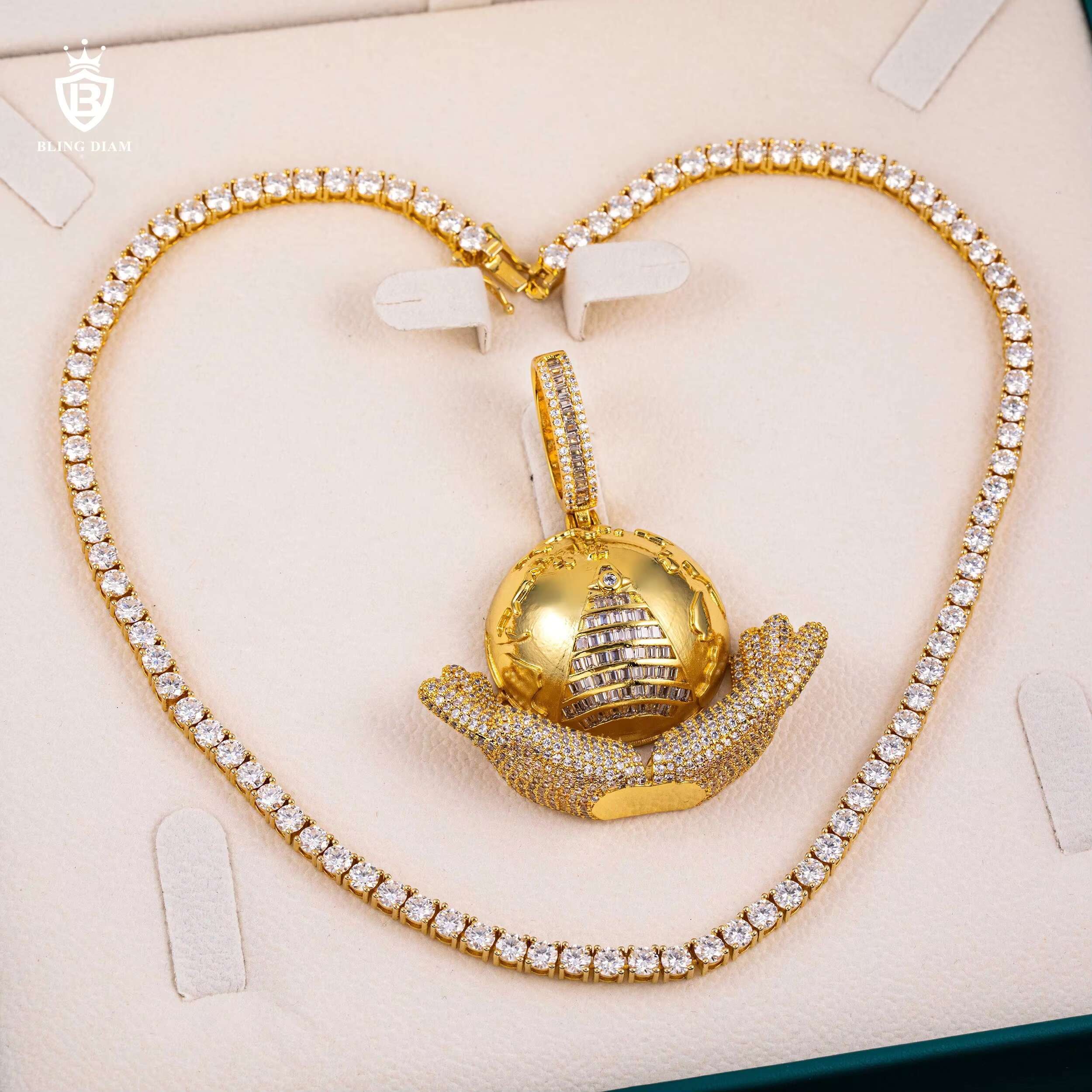 Wholesale Custom Pendant Iced Out Jewelry Hip Hop Brass Full VVS Moissanite Diamond Mens Necklace Set Earth Pendant