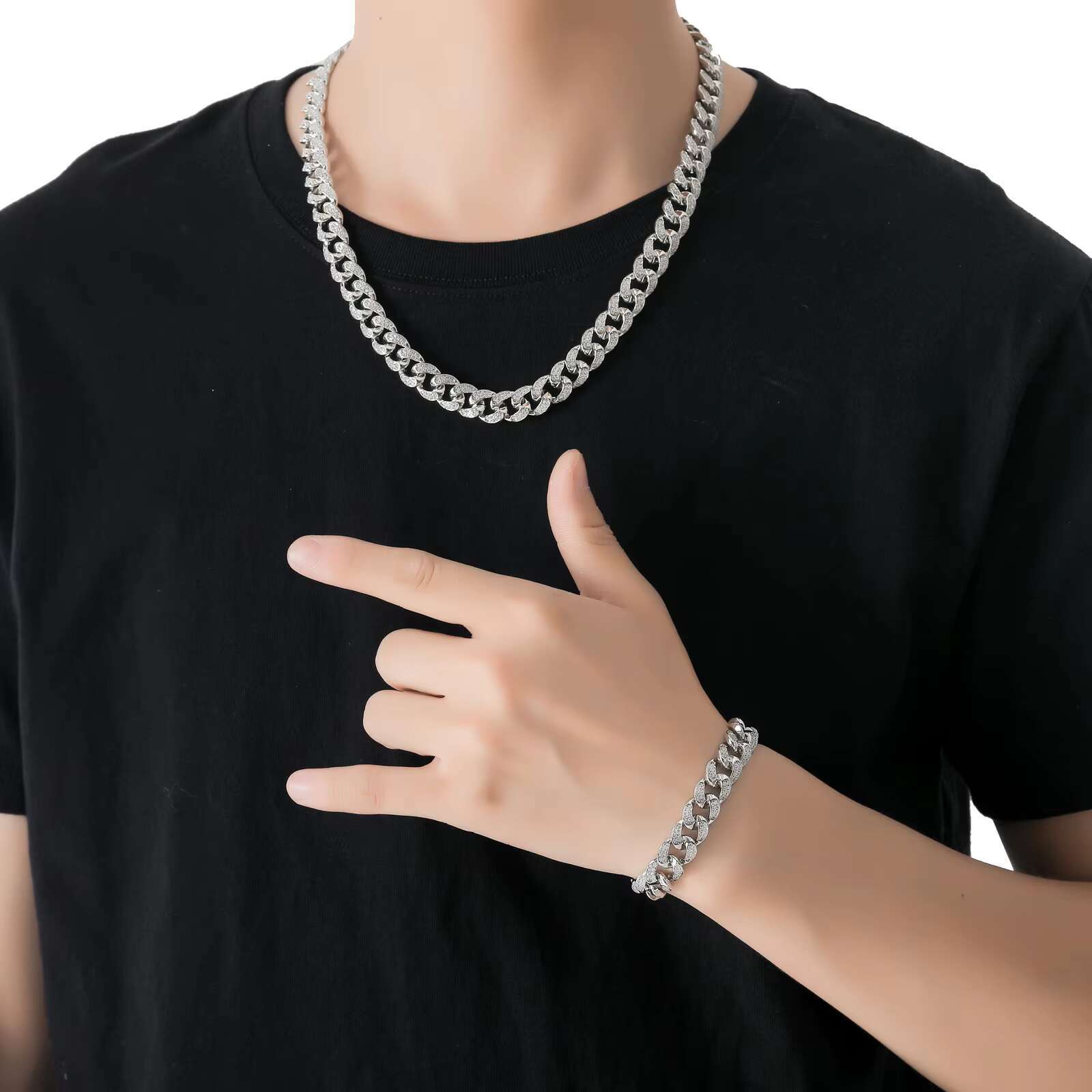 12MM Hot Selling Hip Hop Real Gold Chain Necklace Iced Out Miami Diamond CZ Miami Cuban Link Chain Necklace Set for Mens Jewelry