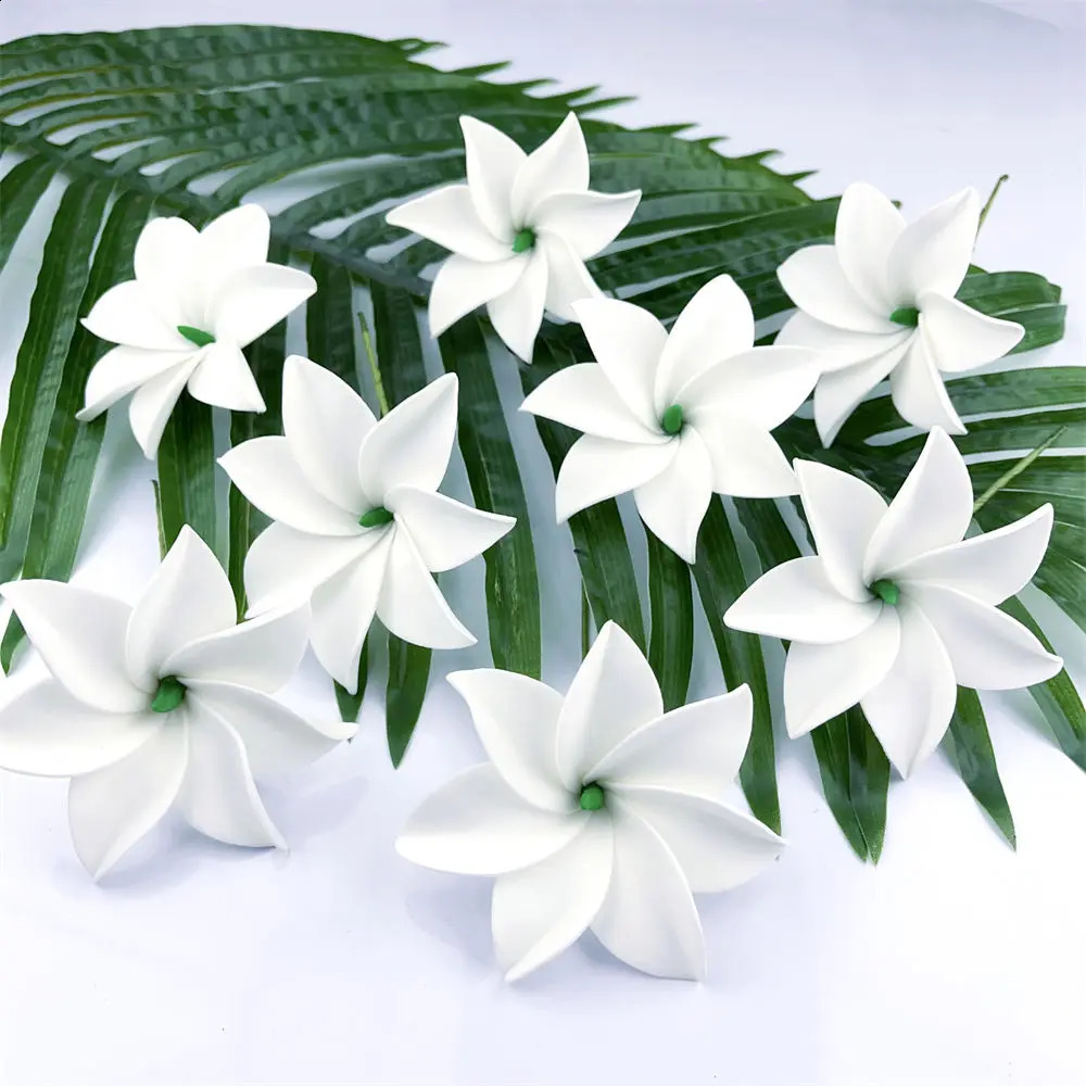 10pcs White 8cm Roll-edged 7-petal Foam Tiare Flower Hair Pick Tahiti Gardenia Ear Flower Hula Wedding Party Hair Accessories 250420