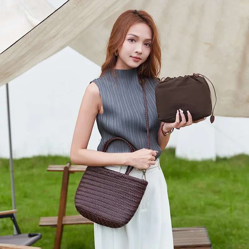 2025 Spring New Crossbody Dragon French Style Woven Basket Genuine Leather Shoulder Bag Women's Fashion